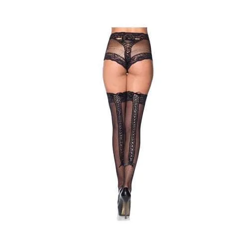 2 Pc Lace Trimmed Corset Lace Up Back Thigh High With Matching Panties - One Size