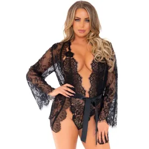 3pc Lace Teddy and Robe Set - Black - Medium