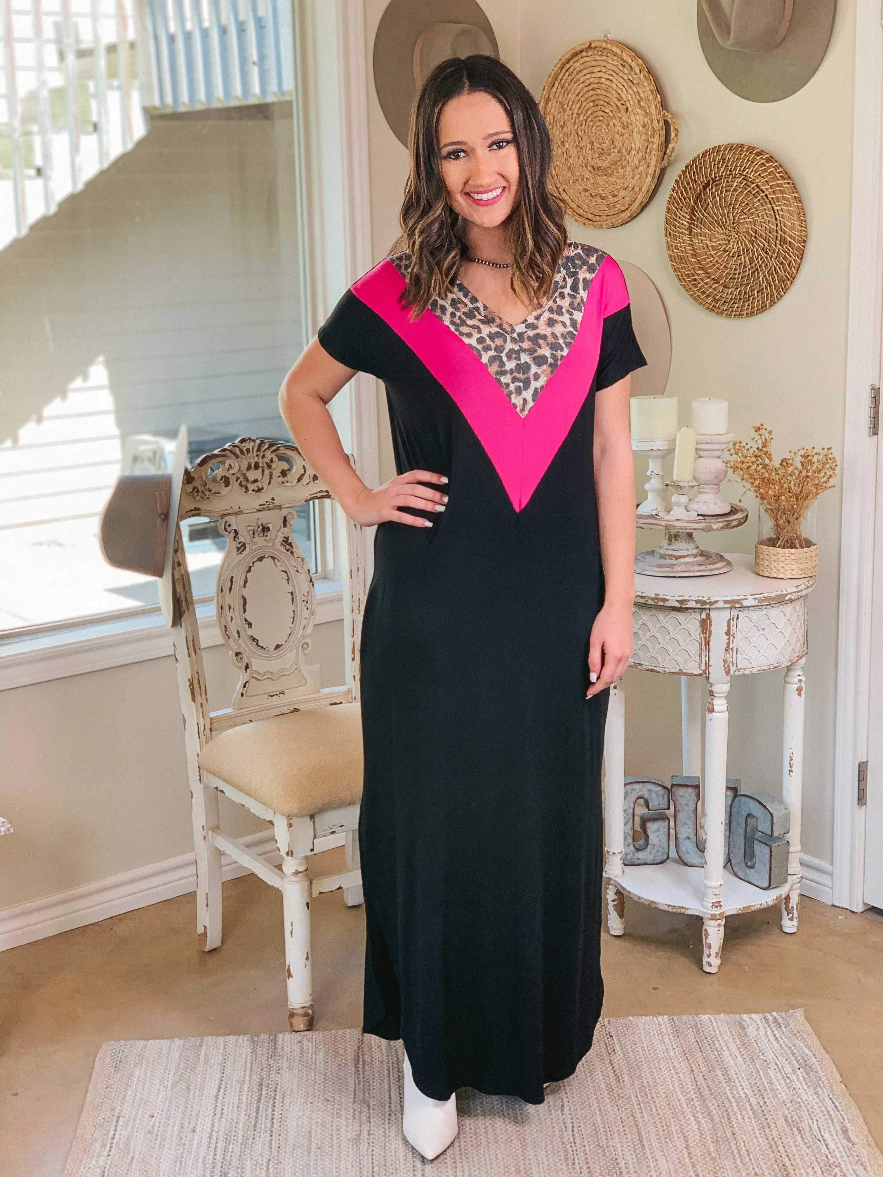 A Wild Time Leopard and Fuchsia V Neck Accent Maxi Dress in Black