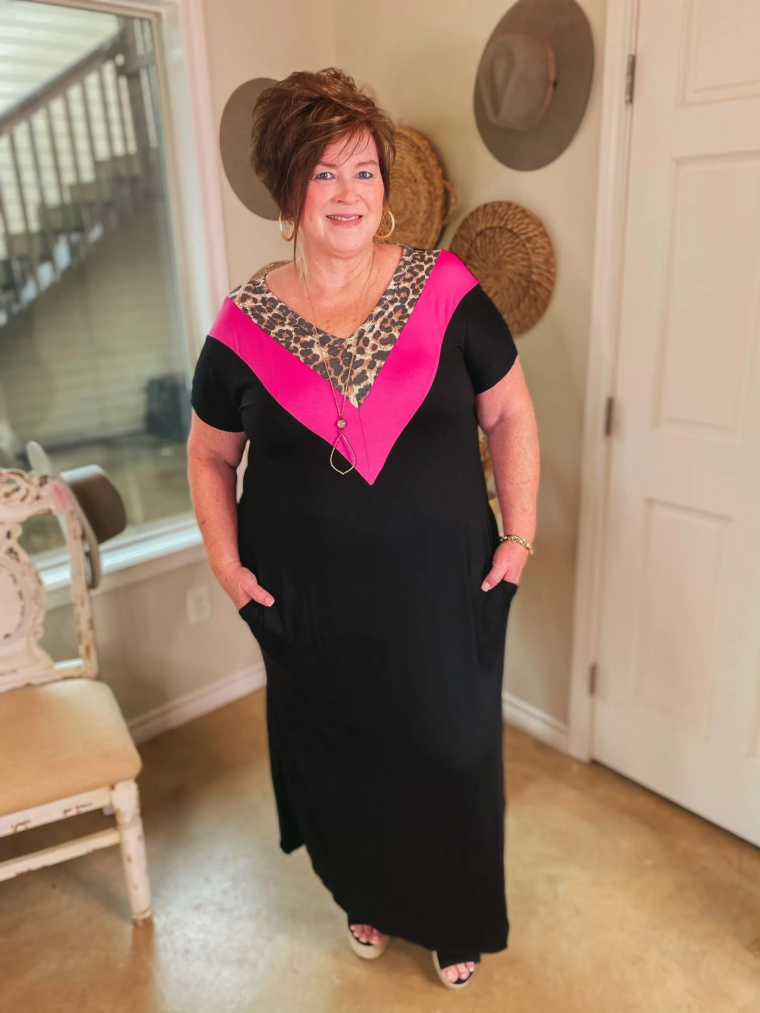 A Wild Time Leopard and Fuchsia V Neck Accent Maxi Dress in Black