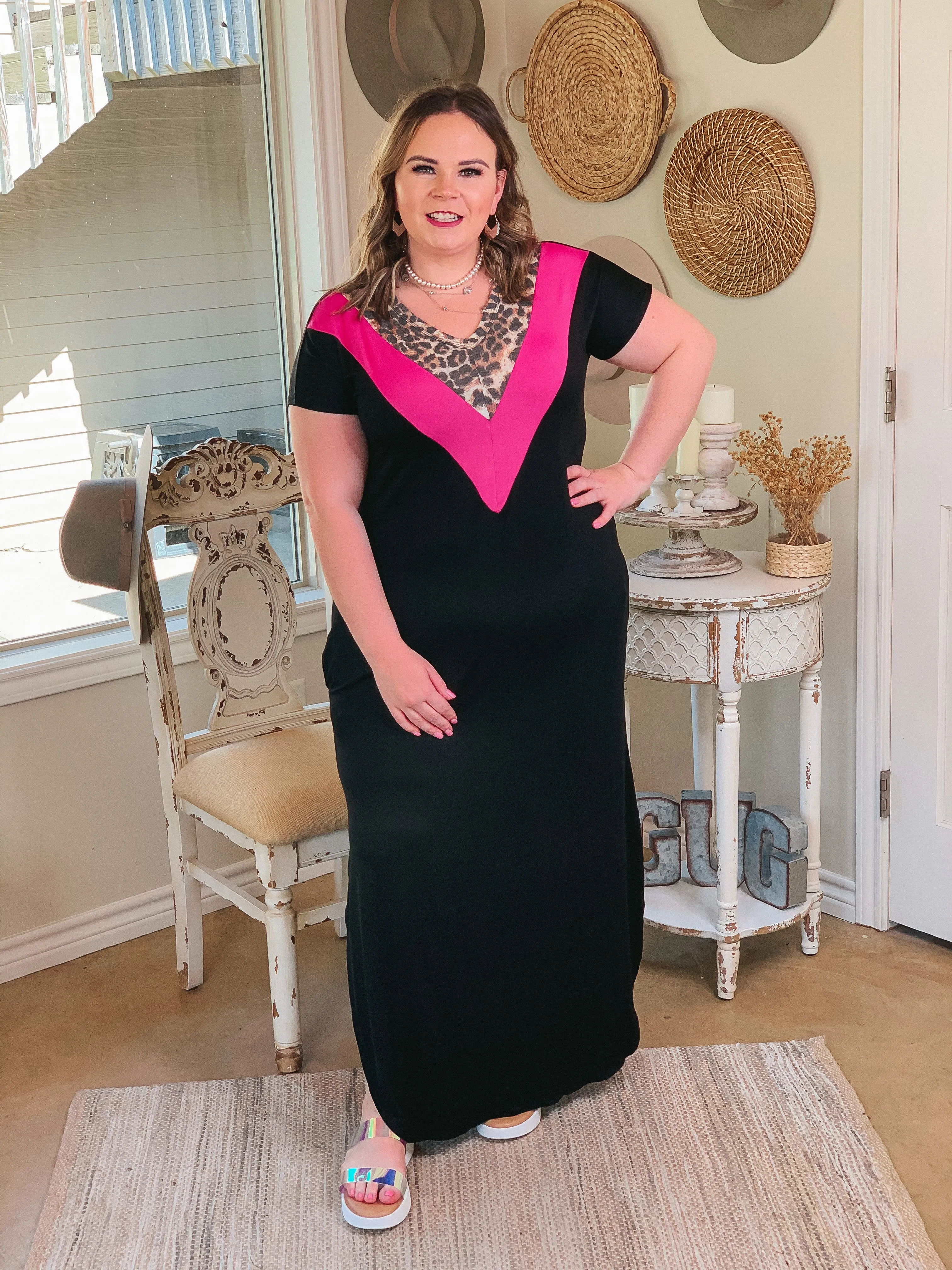 A Wild Time Leopard and Fuchsia V Neck Accent Maxi Dress in Black