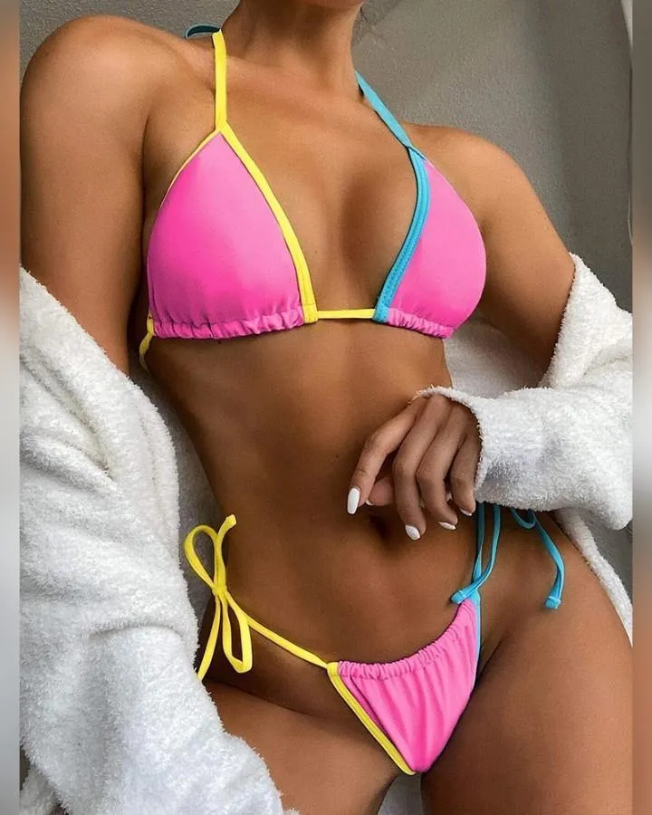 Candy Color Border Strap Bra With Panties Bikini Sets