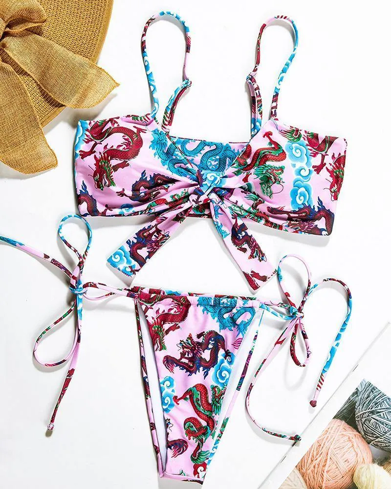 Classical Patterns Printing Strap Bra With Panties Bikini Sets