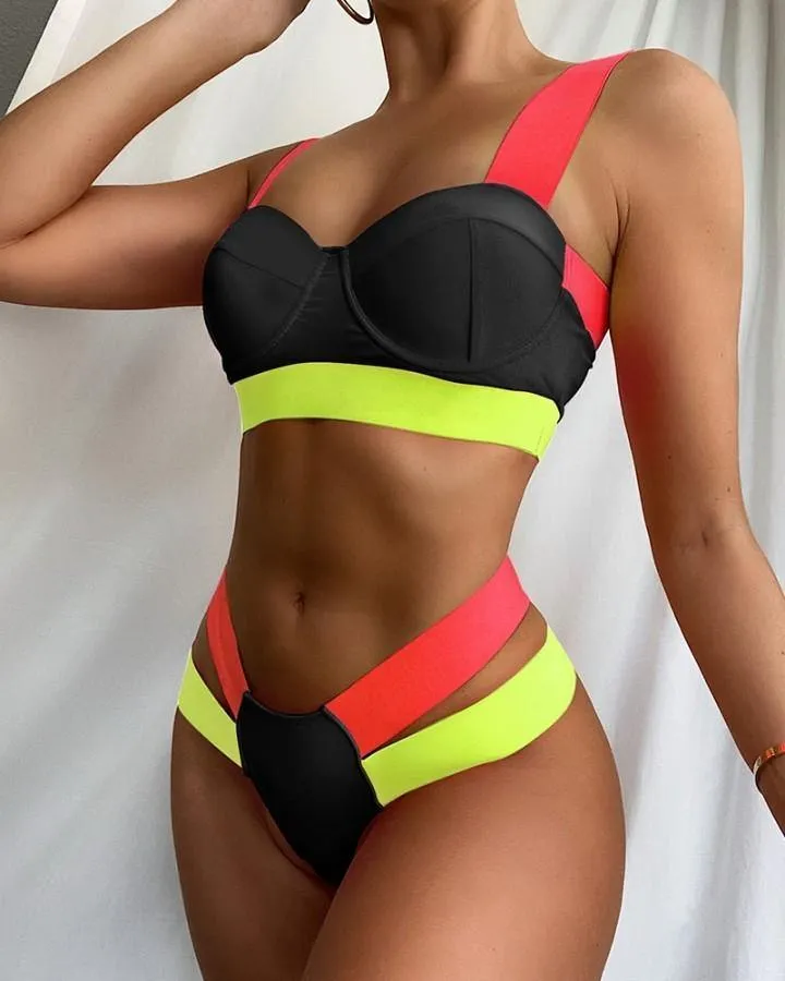 Colorblock Sleeveless Bra With Panties Bikini Sets