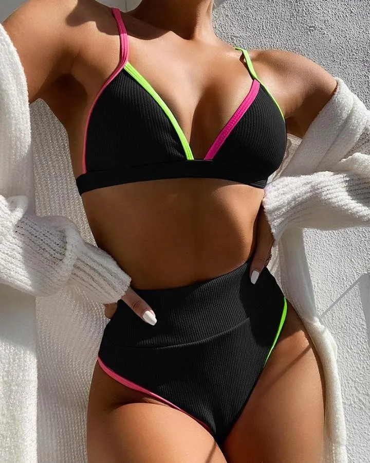 Colorblock Strap Bra With Panties Bikini Sets