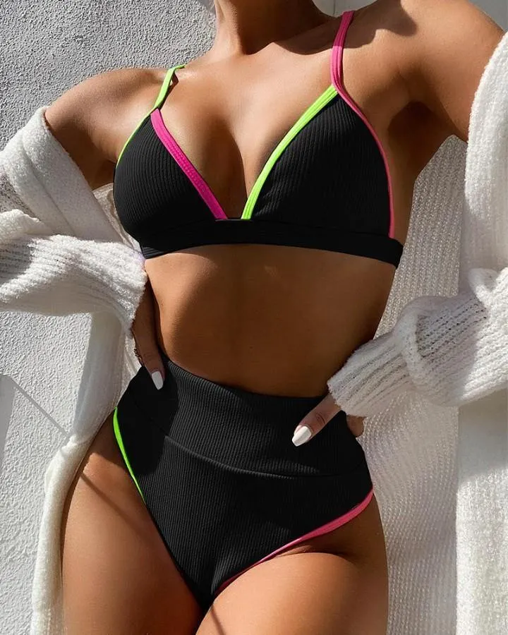 Colorblock Strap Bra With Panties Bikini Sets