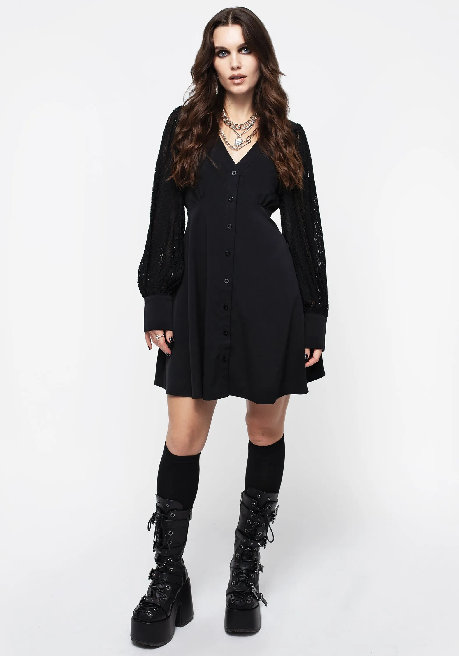 Covenant Lace Sleeve Button Up Mini Dress