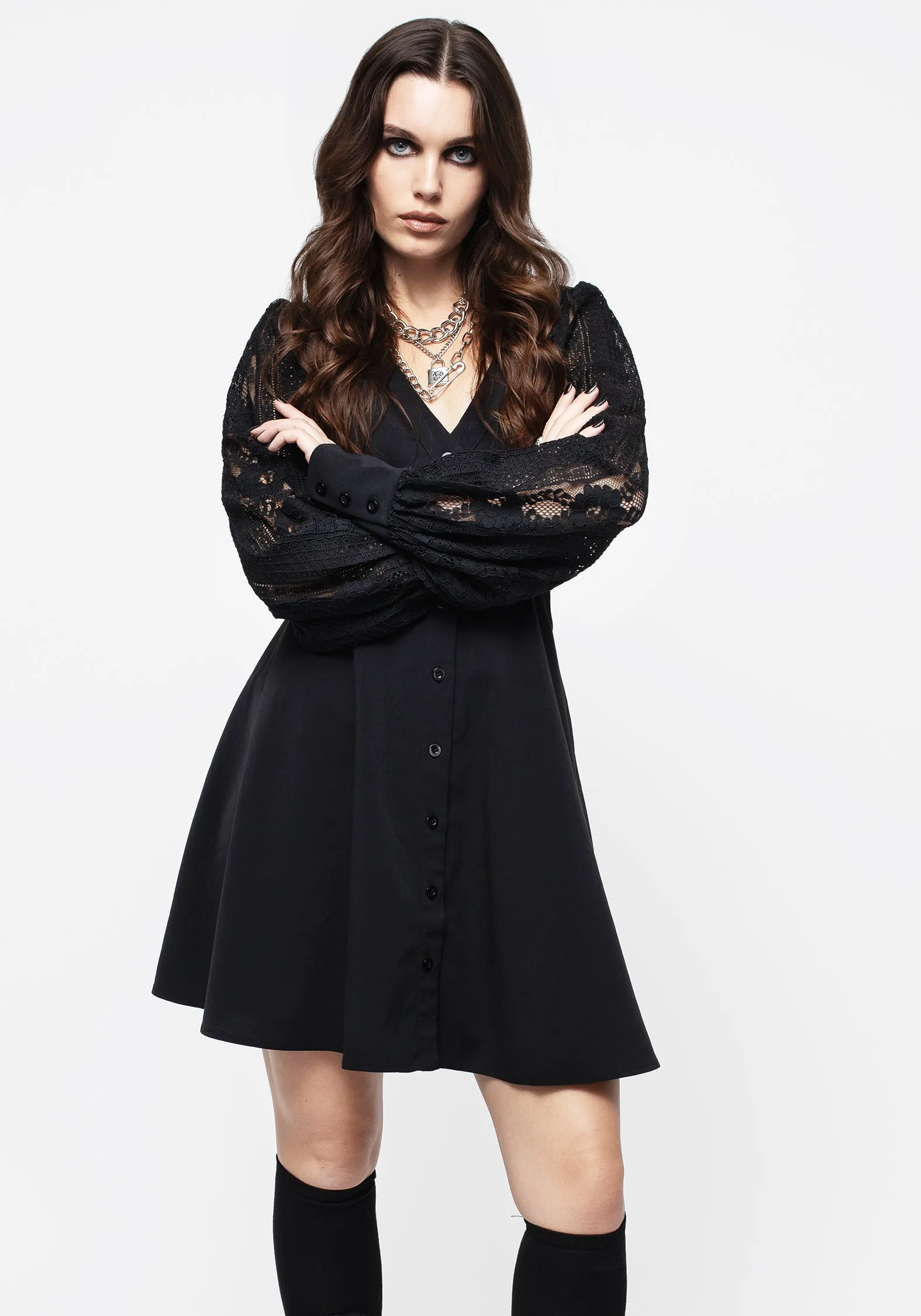 Covenant Lace Sleeve Button Up Mini Dress