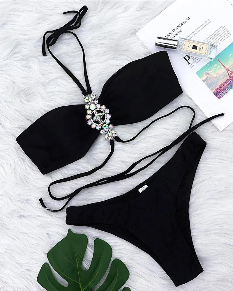 Crystal Decoration Halter Bra With Panties Bikini Sets