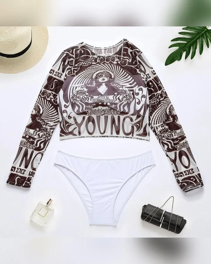 Figure Cartoon Print Long Sleeve Blouse With Solid Panties Bikini Sets