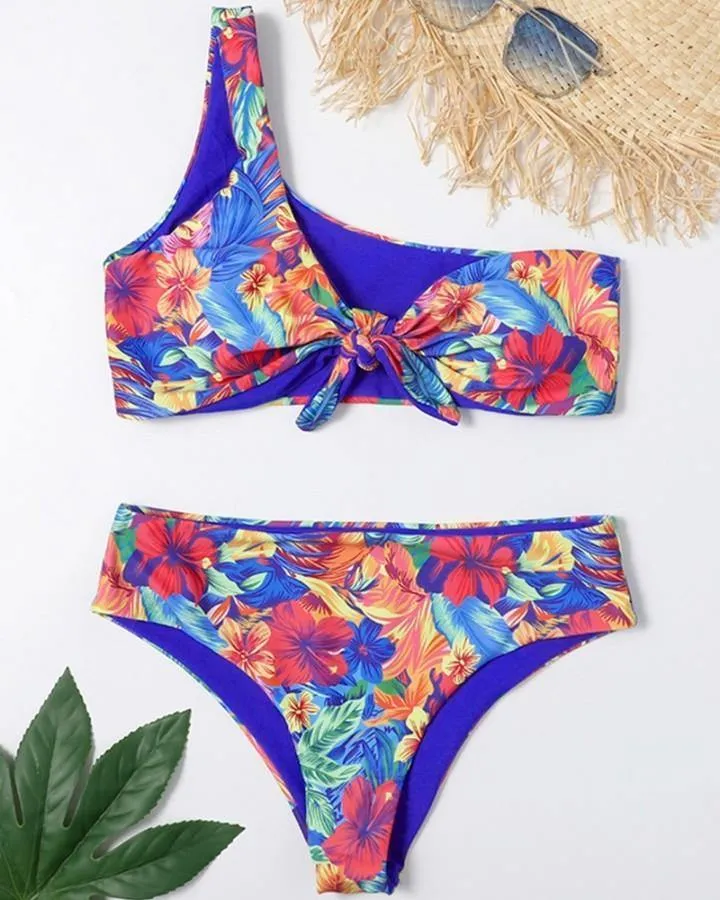 Floral Print One Shoulder Tanks With Panties Bikini Sets