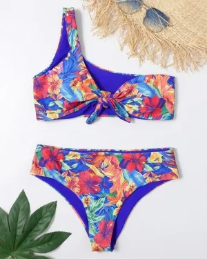 Floral Print One Shoulder Tanks With Panties Bikini Sets