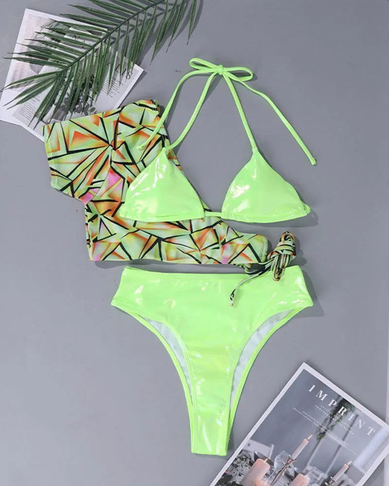 Floral Print Patchwork Strap Bra And Single Short Sleeve Skinny Cropped Tops And Panties Bikini Sets