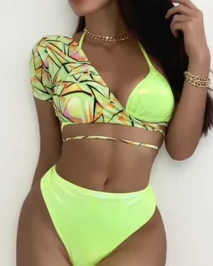 Floral Print Patchwork Strap Bra And Single Short Sleeve Skinny Cropped Tops And Panties Bikini Sets