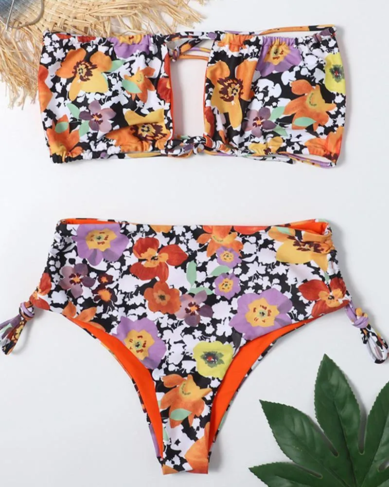 Floral Print Sleeveless Bandeau With Panties Bikini Sets