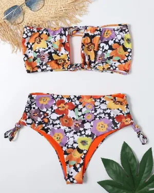 Floral Print Sleeveless Bandeau With Panties Bikini Sets