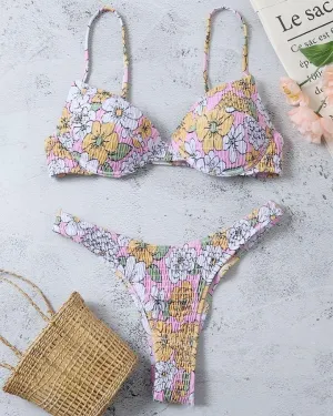 Floral Print Strap Bra With Panties Bikini Sets