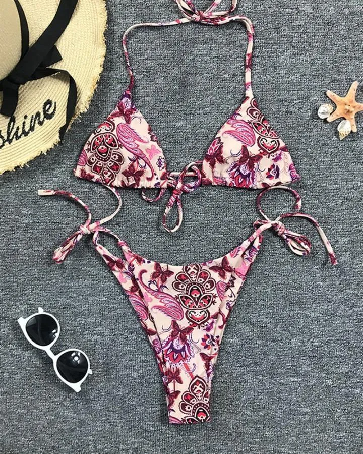 Floral Print Strap Bra With Panties Bikini Sets