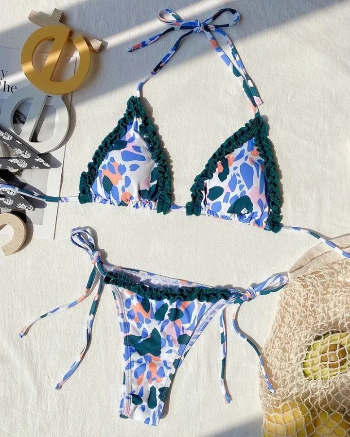 Floral Print Strap Bra With Panties Bikini Sets