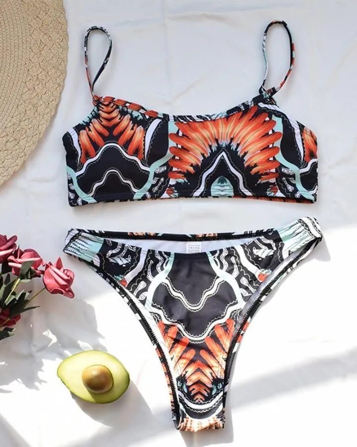 Hawaii Floral Print Strap Tanks With Panties Bikini Sets