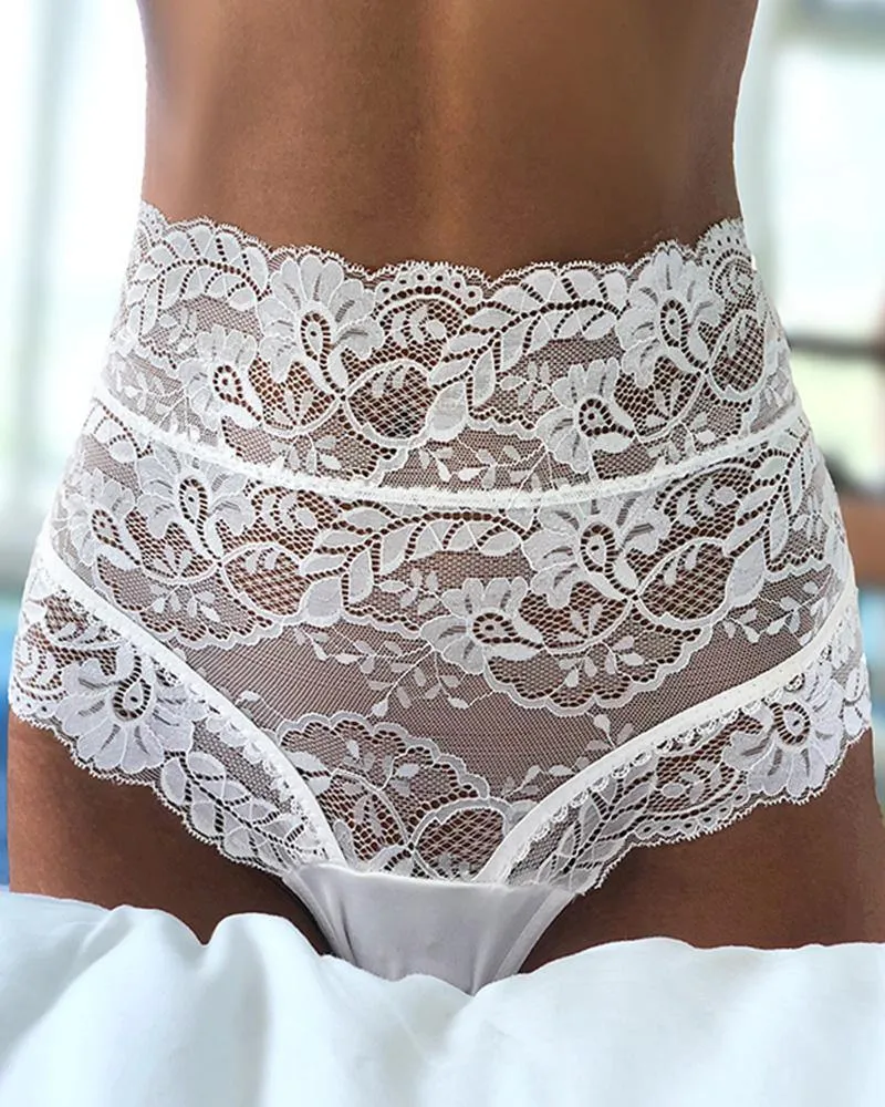 High Waist Lace-up Floral Lace Panty