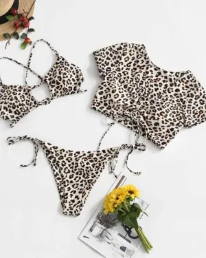 Leopard Short Sleeve Skinny Cropped Tops And Bra With Strappy Panties Bikini Sets