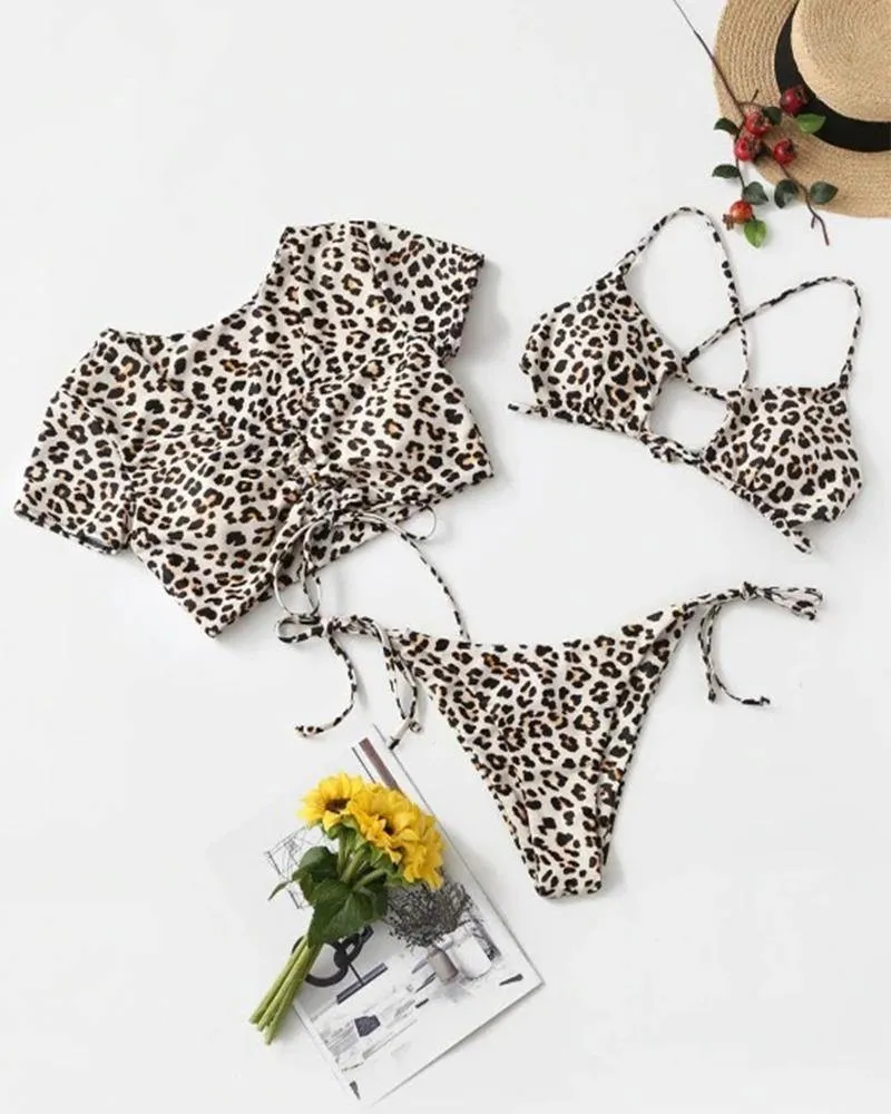 Leopard Short Sleeve Skinny Cropped Tops And Bra With Strappy Panties Bikini Sets