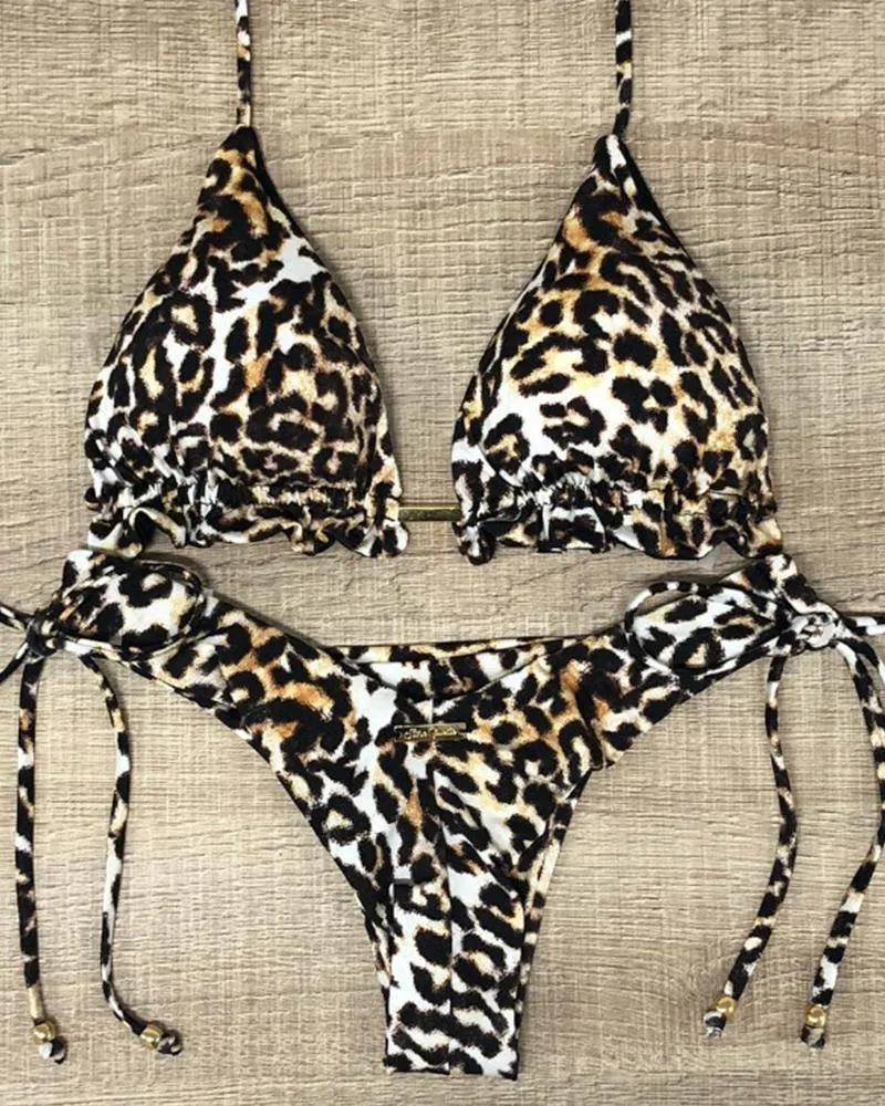 Leopard Strap Bra With Panties Bikini Sets