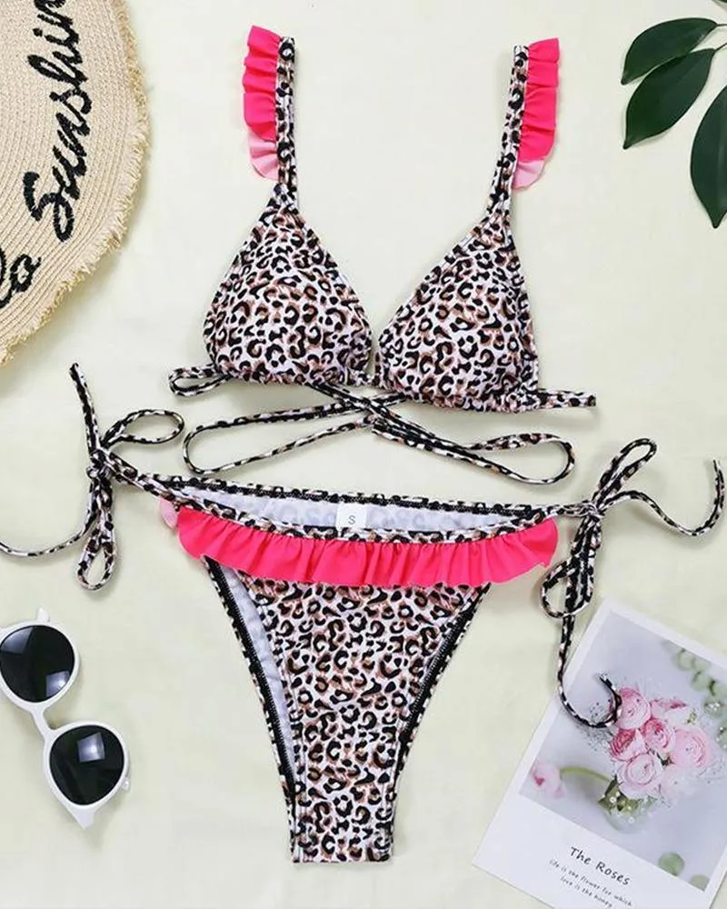 Leopard Strap Bra With Strappy Panties Bikini Sets