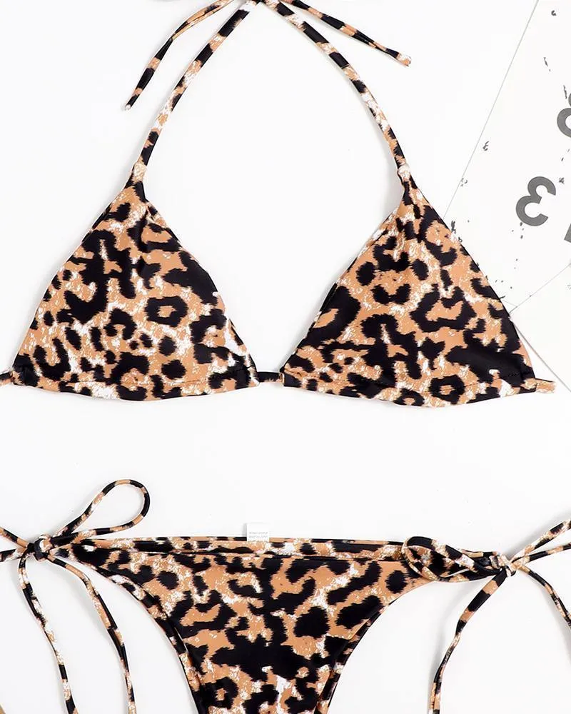 Leopard Strap Bra With Strappy Panties Bikini Sets