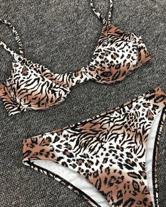 Leopard Strap Cropped Tanks With Panties Bikini Sets