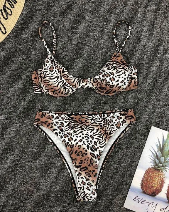 Leopard Strap Cropped Tanks With Panties Bikini Sets