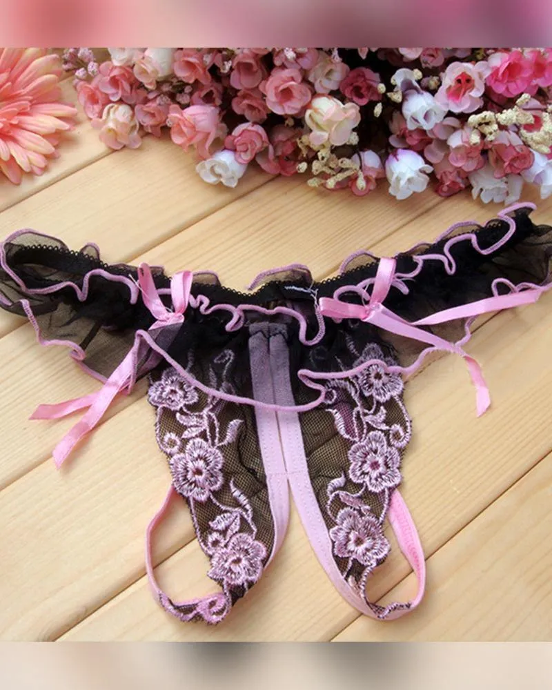 Mesh Lace Splicing Bow Low Waist Panties