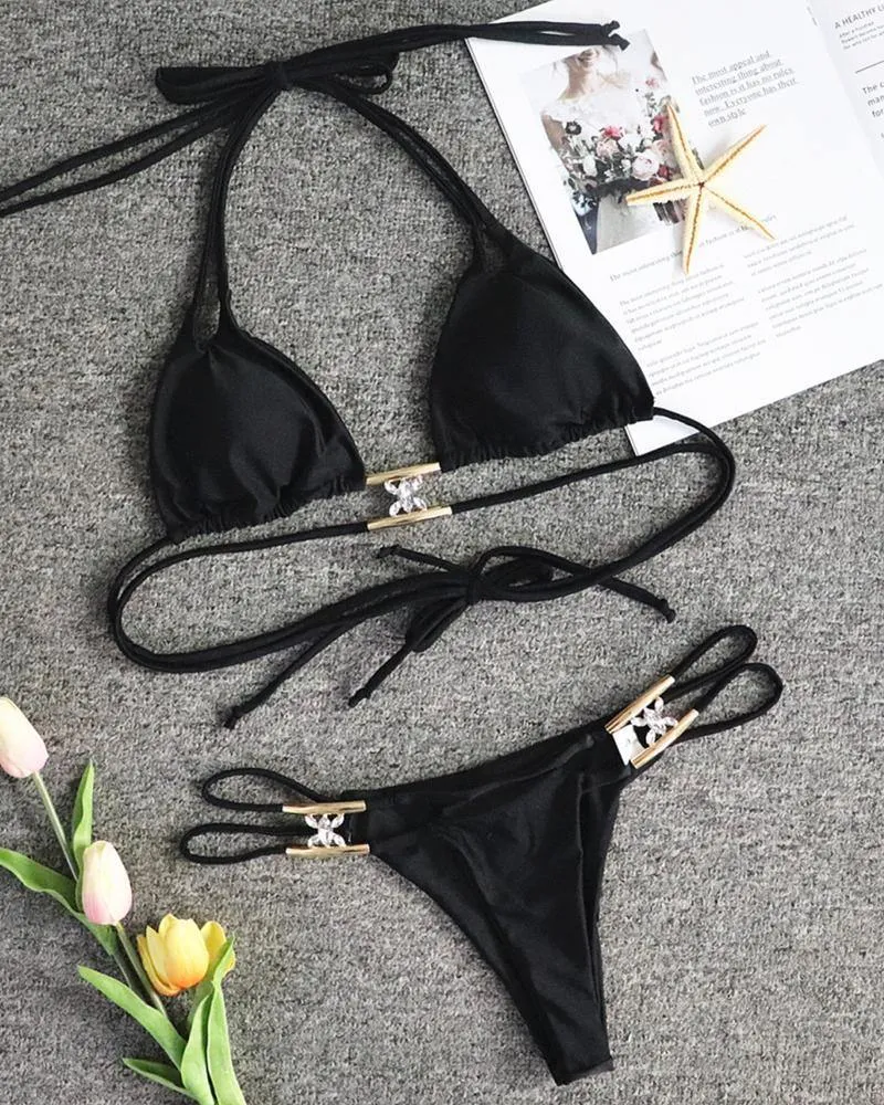 Metallic Glitter Contrast Strap Bra With Panties Bikini Sets