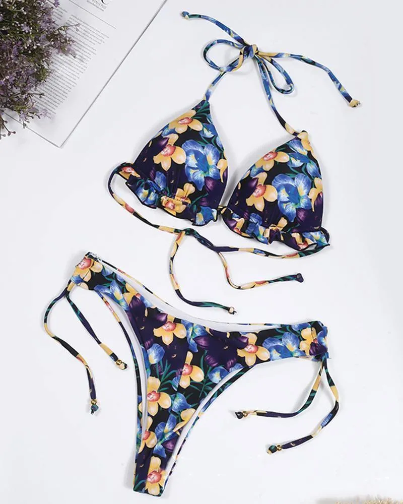 Multicolor Floral Hawaii Print Strappy Bra With Panties Bikini Sets