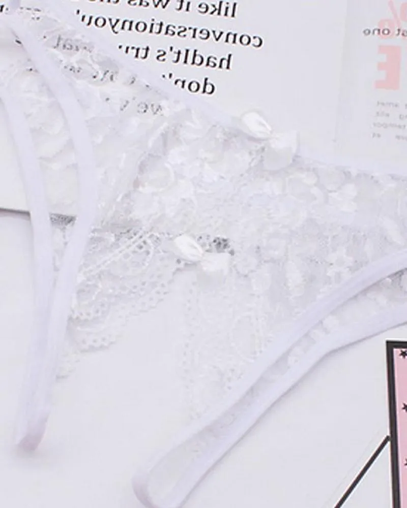 Plain Cutout Lace Trim Bowknot Design Thong