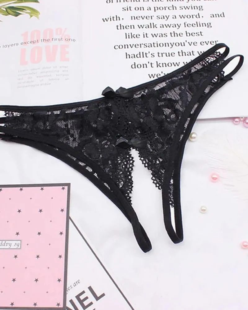 Plain Cutout Lace Trim Bowknot Design Thong