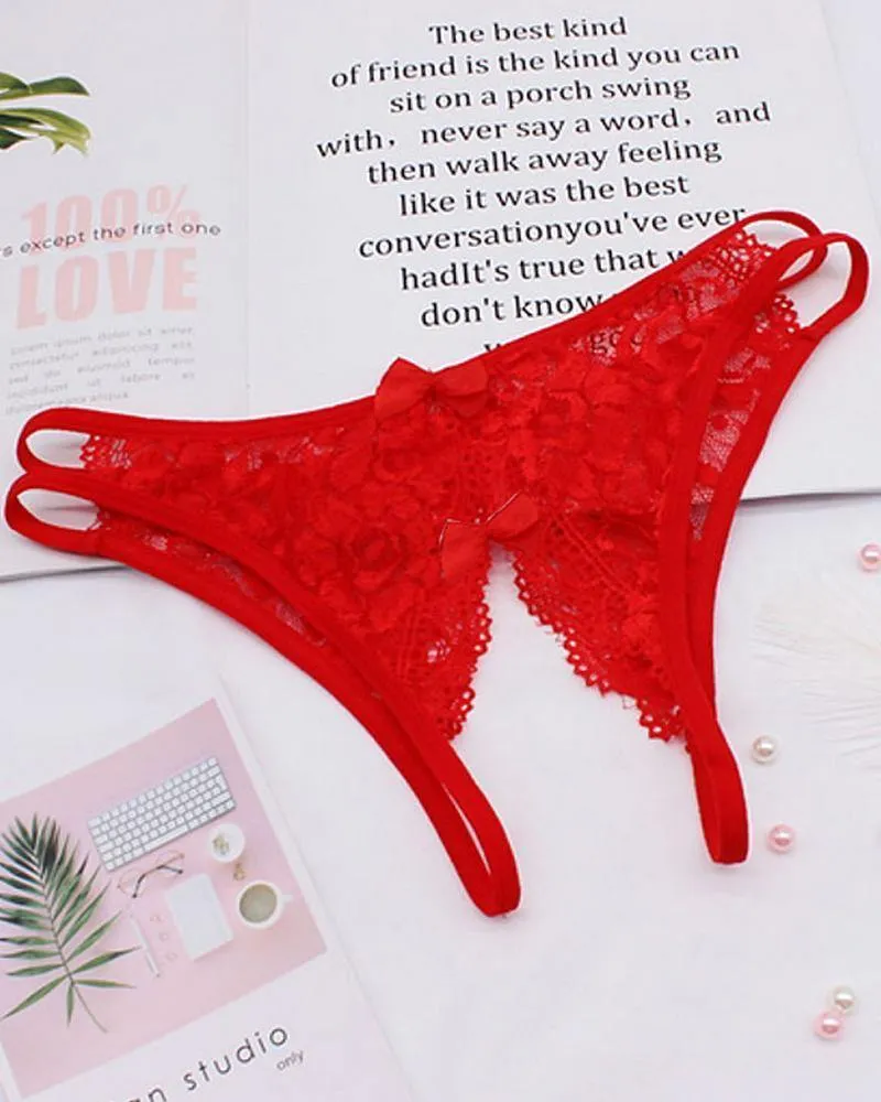 Plain Cutout Lace Trim Bowknot Design Thong