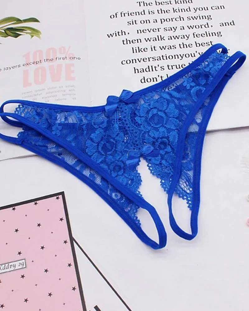 Plain Cutout Lace Trim Bowknot Design Thong