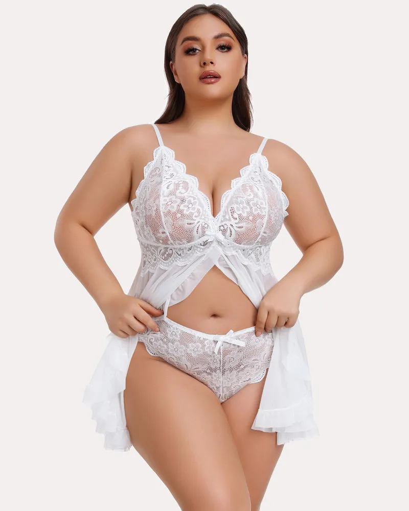 Plus Size Lace V-Neck Open Front Strap Babydoll