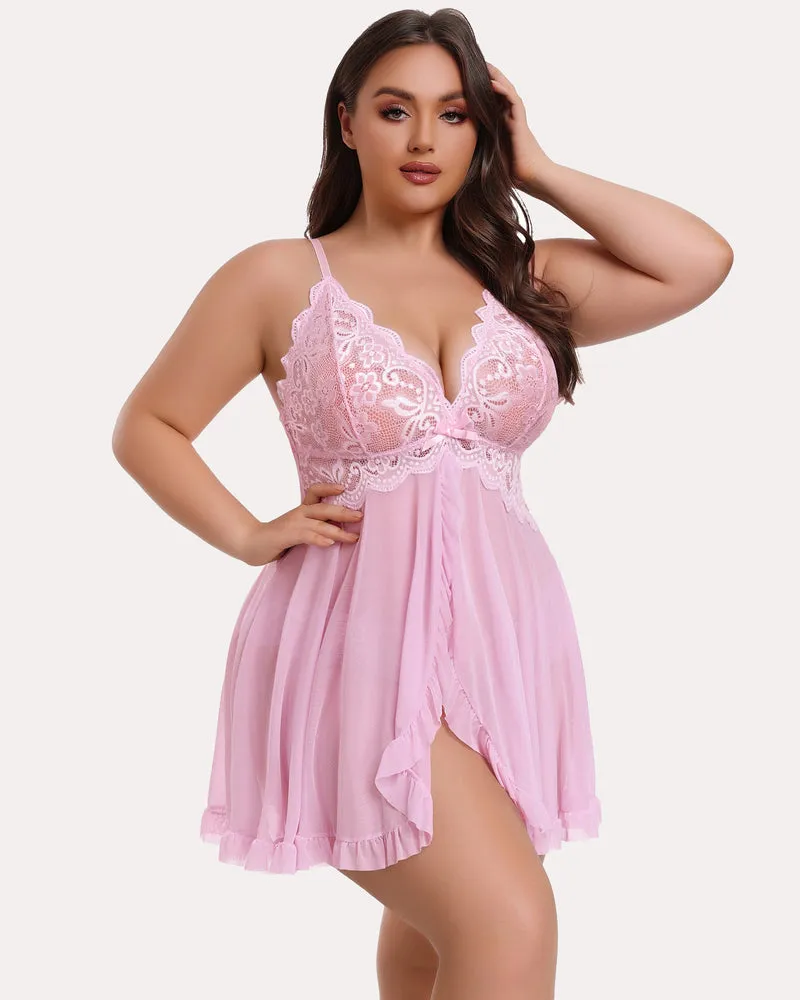 Plus Size Lace V-Neck Open Front Strap Babydoll