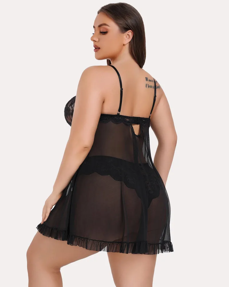 Plus Size Lace V-Neck Open Front Strap Babydoll