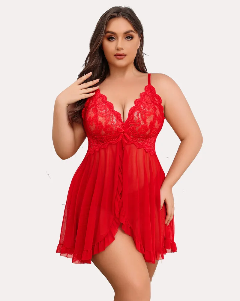 Plus Size Lace V-Neck Open Front Strap Babydoll