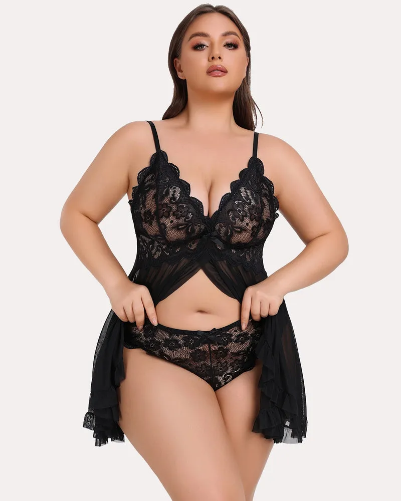 Plus Size Lace V-Neck Open Front Strap Babydoll