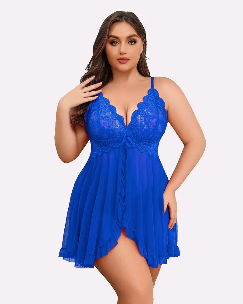 Plus Size Lace V-Neck Open Front Strap Babydoll