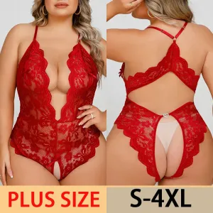 Plus Size Sexy Crotchless Lingerie Women Lace Hollow Bodysuit Erotic Pajamas Teddy Babydoll Dress Deep V Open Bra Underwear Set