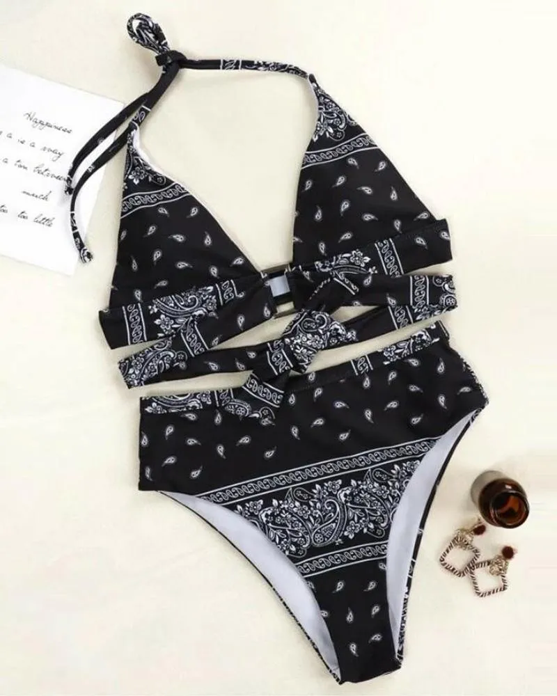 Printing Halter Strappy Bra With Panties Bikini Sets