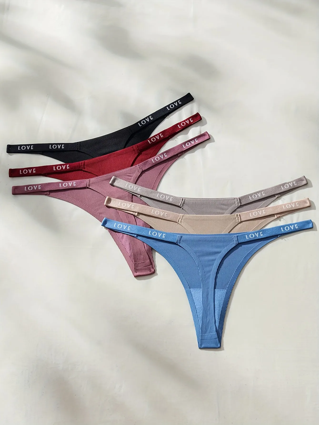 "6pcs Stylish Ribbed Low Waist Thongs - Ultimate Comfort Women's Letter Tape Underwear"