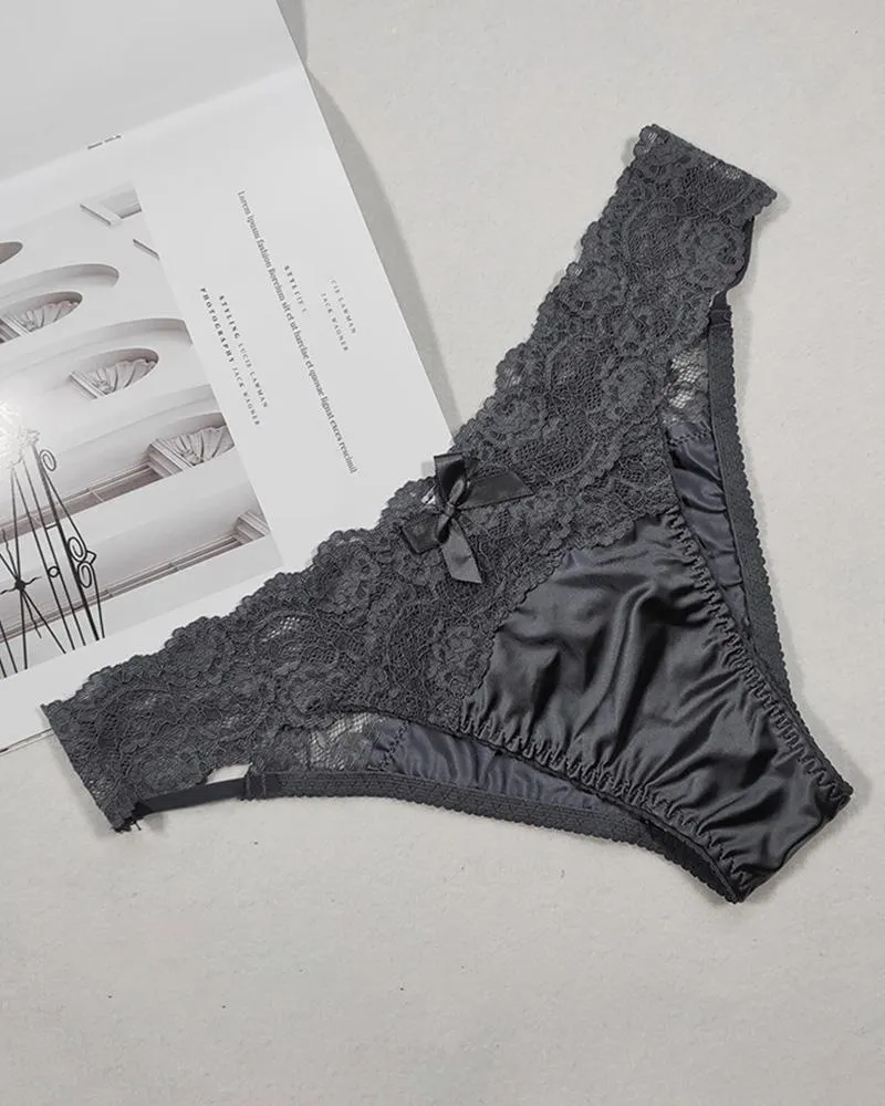 Satin Lace Cutout Seamless Bowknot Decor Panty