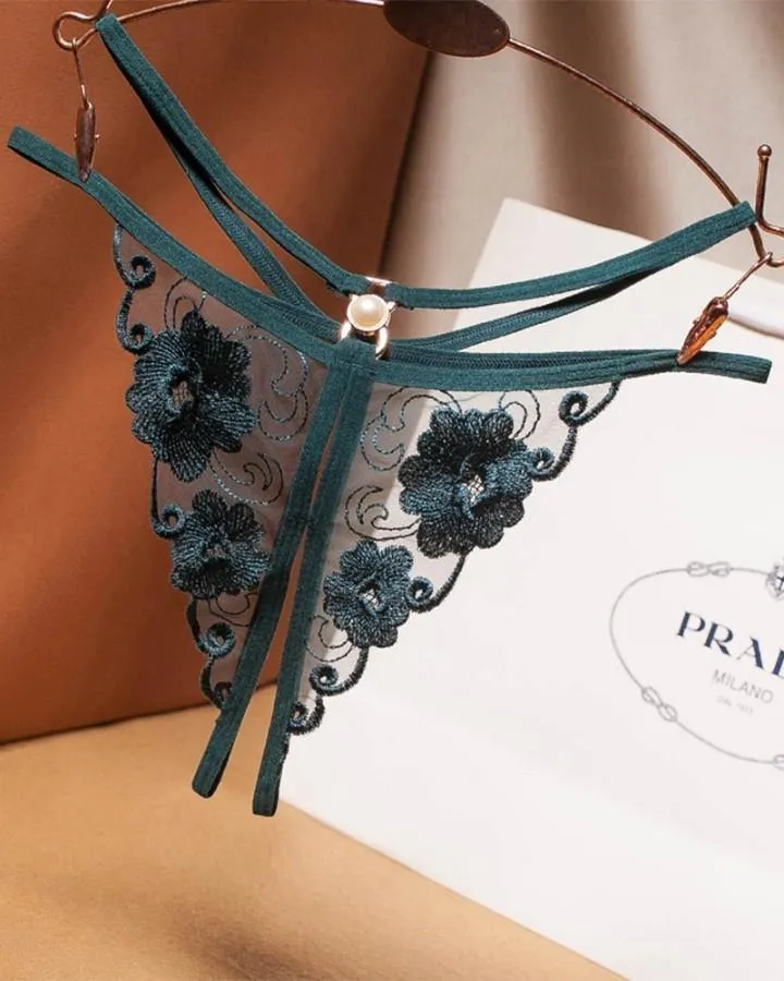 See-through Mesh Splicing Embroidery Pearl Thong Panties